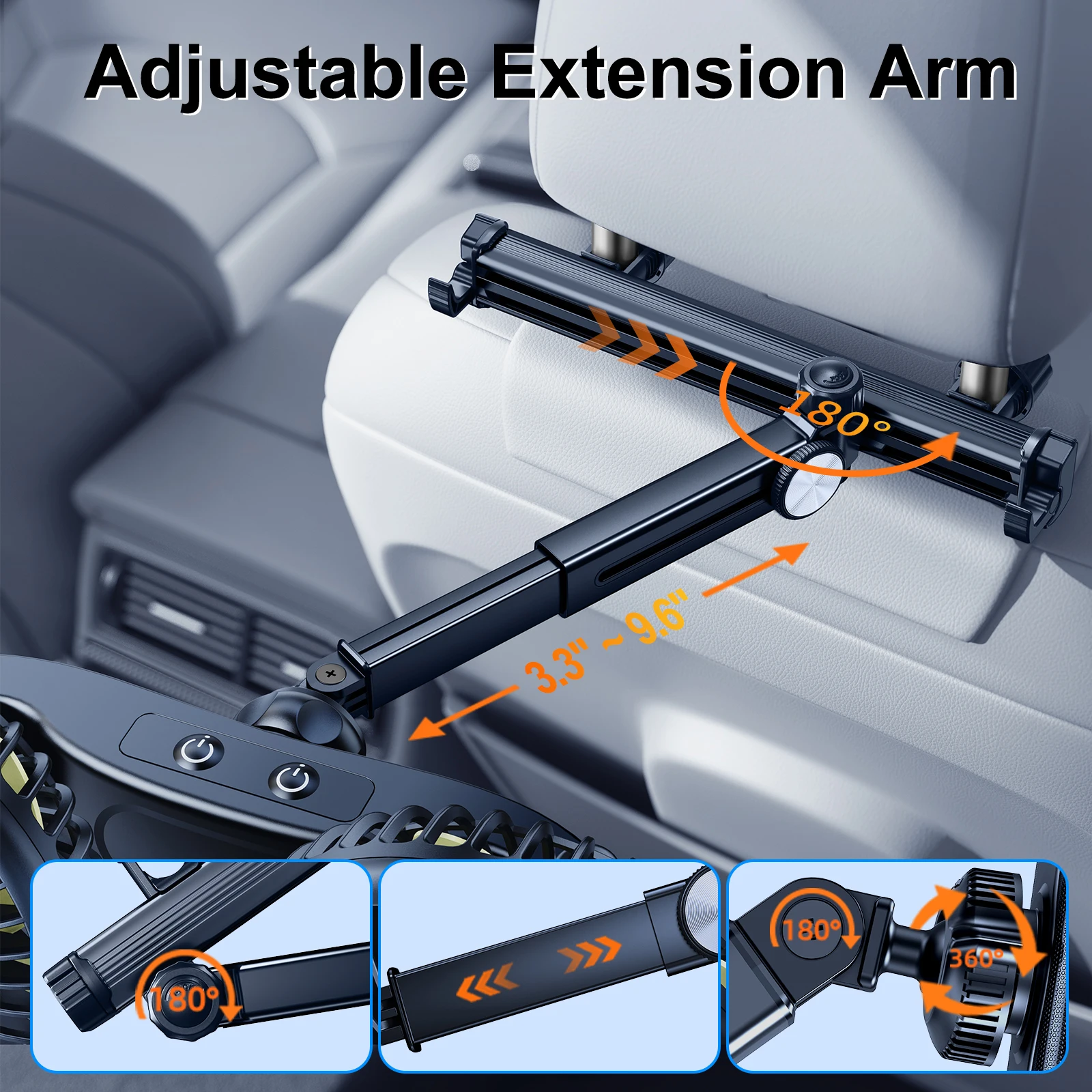 Eary Car Dual Head Fan Mount for Back Seat Headrest Air Cooler Fan With 2 Hooks Long Arm Adjustable 3 Speeds For Truck SUV Sedan thumbnail 5