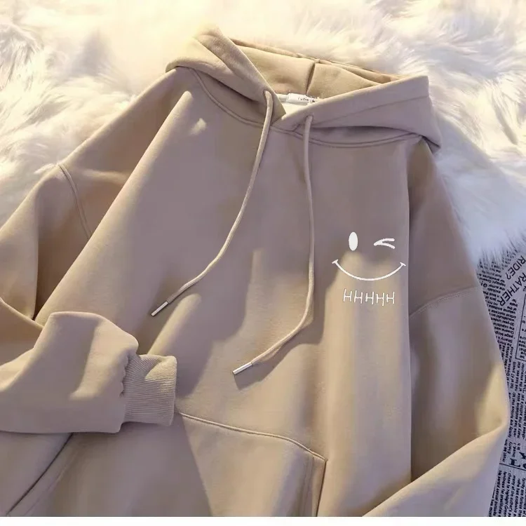 Women's Smiling Face Funny Fashion Couple Hooded Sweater American Heavyweight Loose Thickened Cashmere Boys' Hoodie Pullover Top thumbnail 6