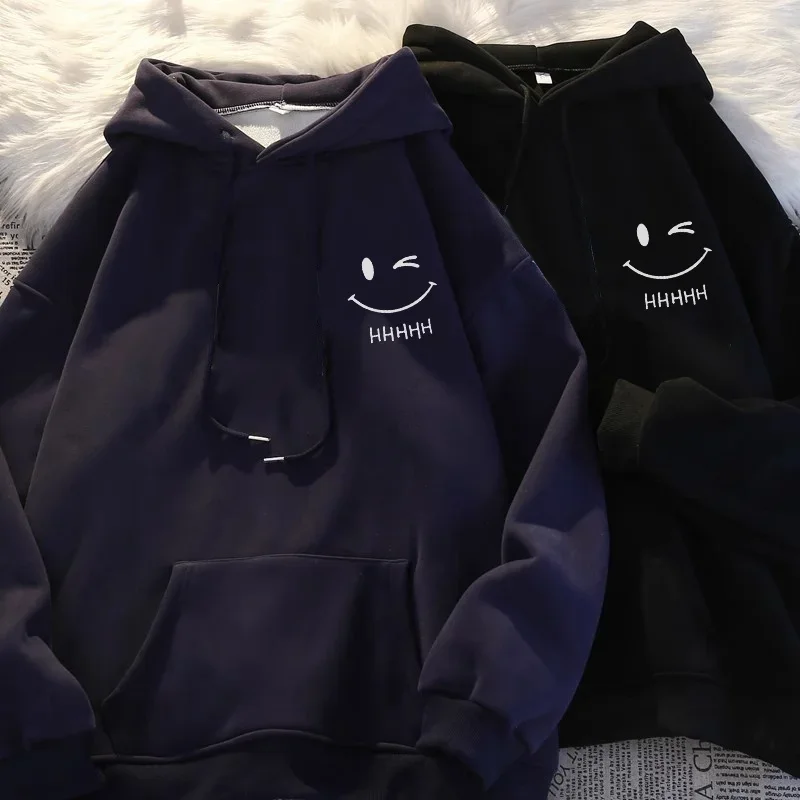 Women's Smiling Face Funny Fashion Couple Hooded Sweater American Heavyweight Loose Thickened Cashmere Boys' Hoodie Pullover Top thumbnail 2