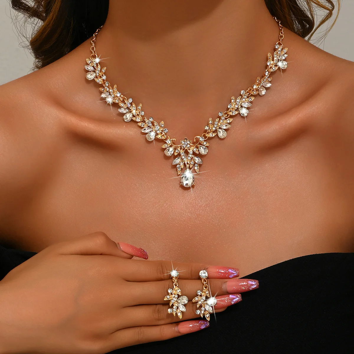 3pcs New Fashion Necklace Sets for Women Waterdrop Collar Choker Necklace Earring Jewelry Set for Prom Birthday Bridal Wedding