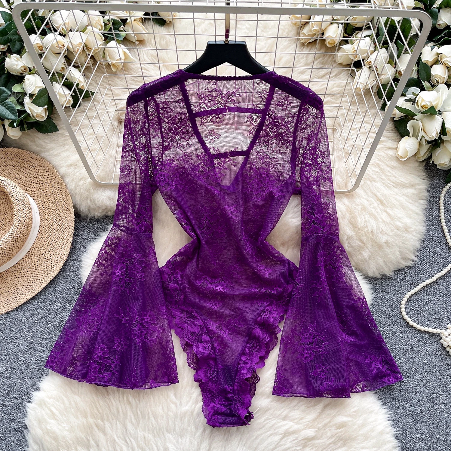 Sexy Slim flare sleeve lace bodysuits Chic Korean Camis Tank Top Fashion Summer Women Clothing thumbnail 2