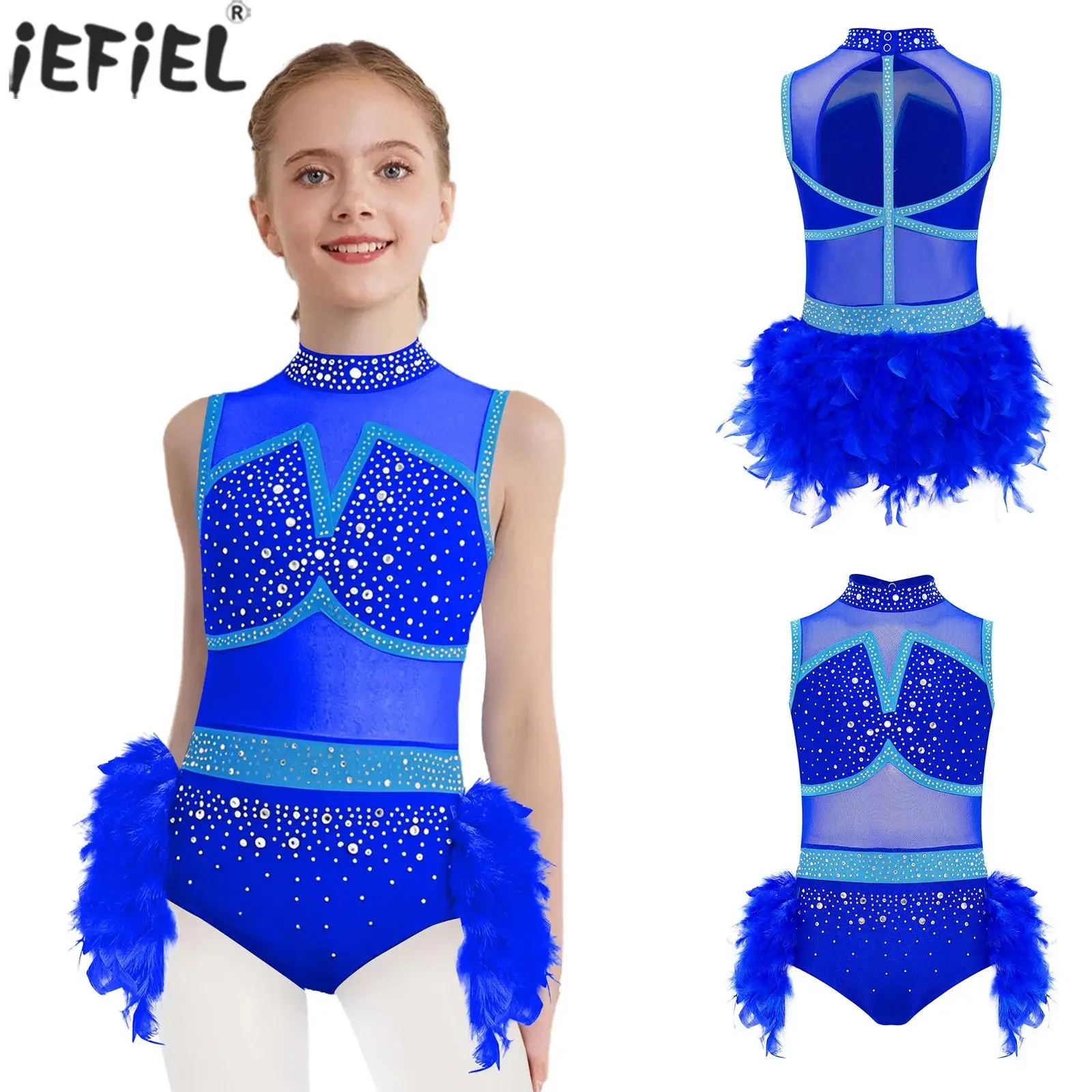 Kids Girls Jazz Latin Dance Leotard Figure Skating Gymnastics Performance Costume Sleeveless Shiny Rhinestones Feather Jumpsuit
