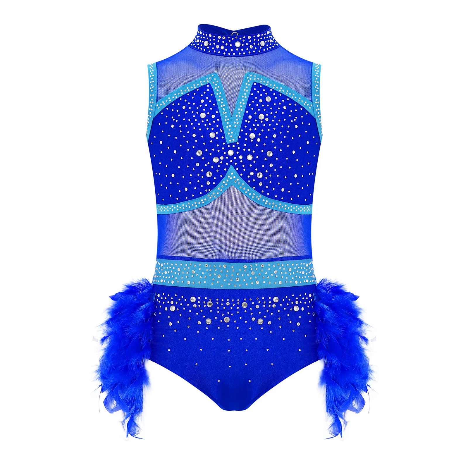 Kids Girls Jazz Latin Dance Leotard Figure Skating Gymnastics Performance Costume Sleeveless Shiny Rhinestones Feather Jumpsuit thumbnail 3