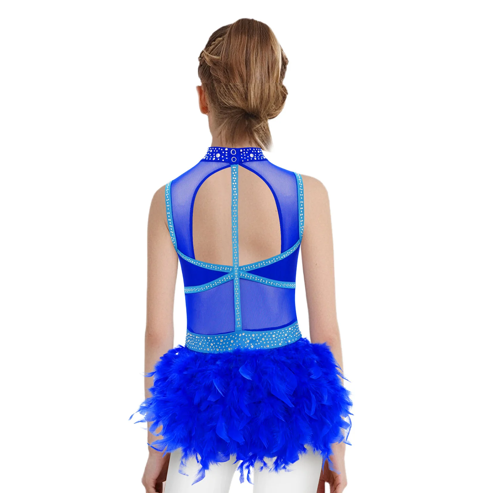 Kids Girls Jazz Latin Dance Leotard Figure Skating Gymnastics Performance Costume Sleeveless Shiny Rhinestones Feather Jumpsuit thumbnail 2