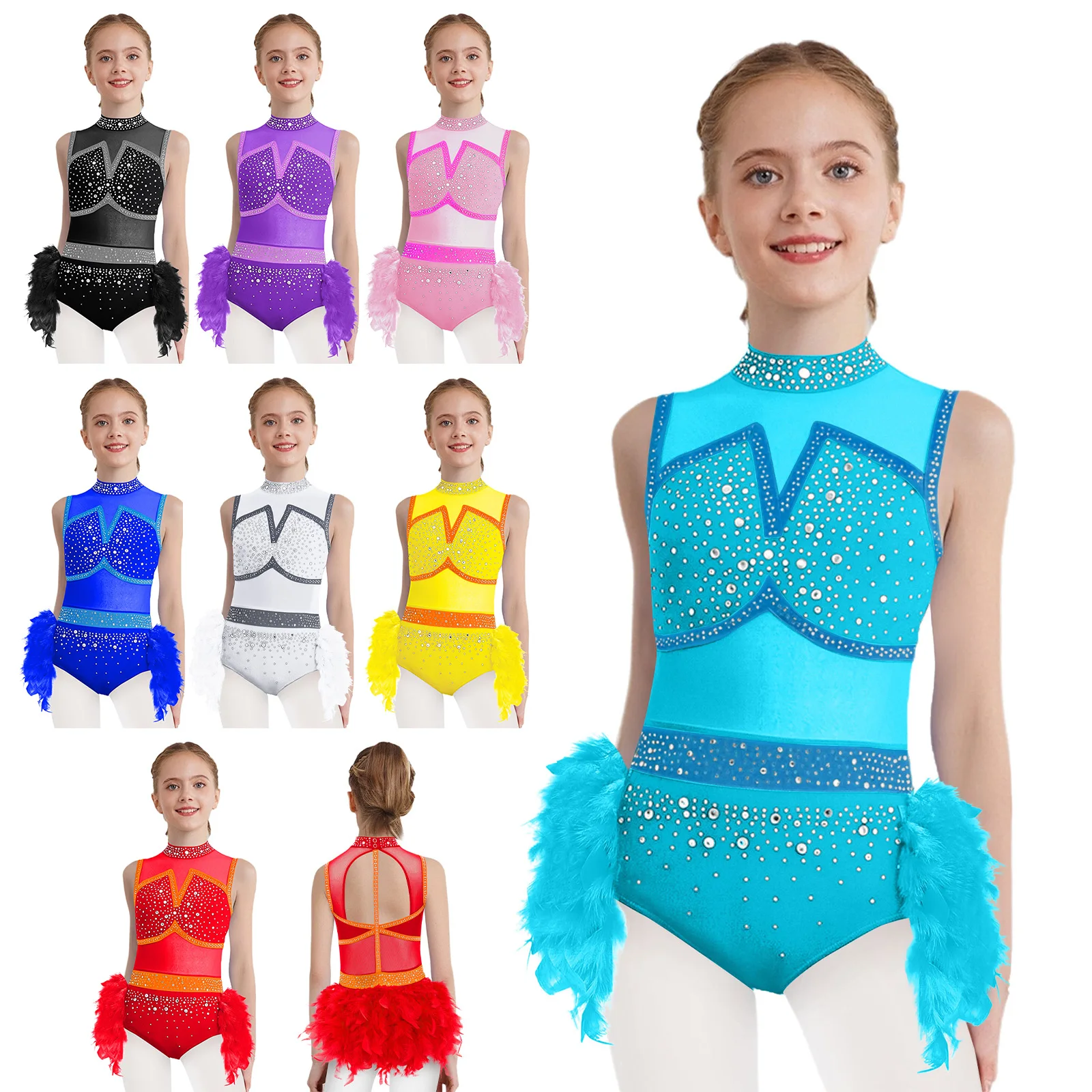 Kids Girls Jazz Latin Dance Leotard Figure Skating Gymnastics Performance Costume Sleeveless Shiny Rhinestones Feather Jumpsuit thumbnail 5
