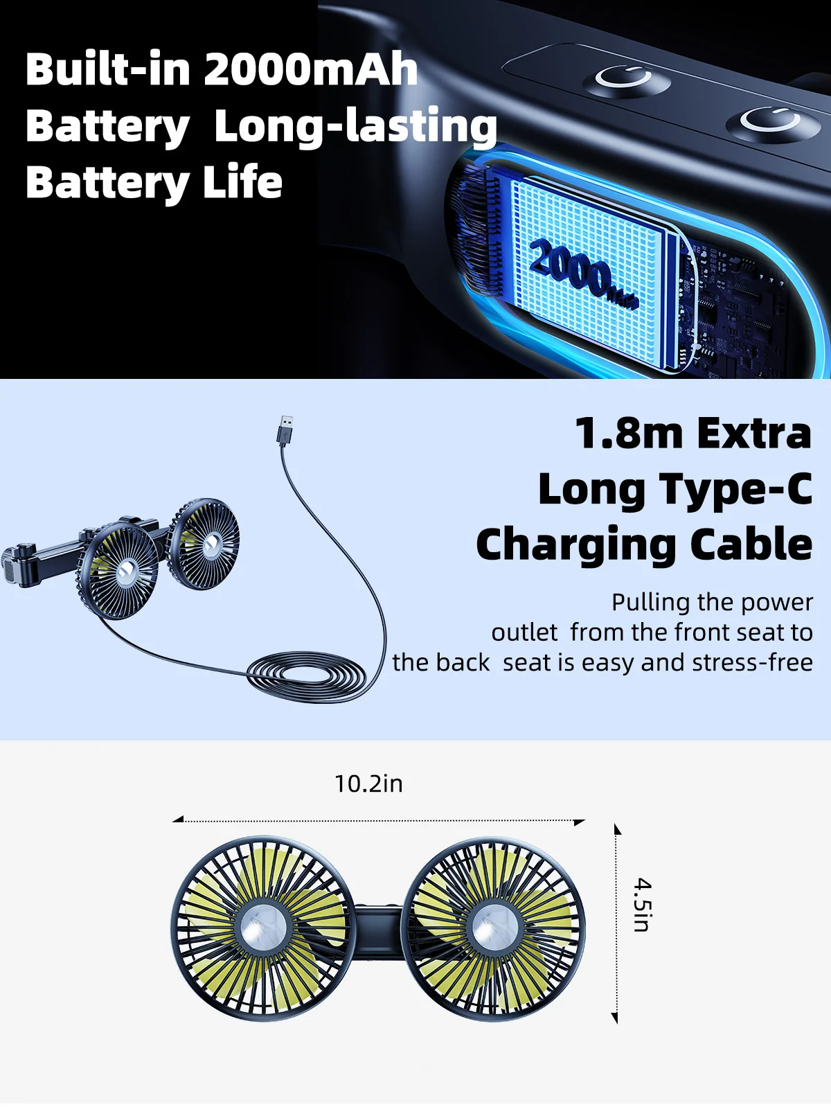 Eary Car Rear Seat Fan Headrest Backseat Dual Head Fan 2000mAh Battery 3 Speed Air Cooling Fans for kids Summer Car Accessories thumbnail 5