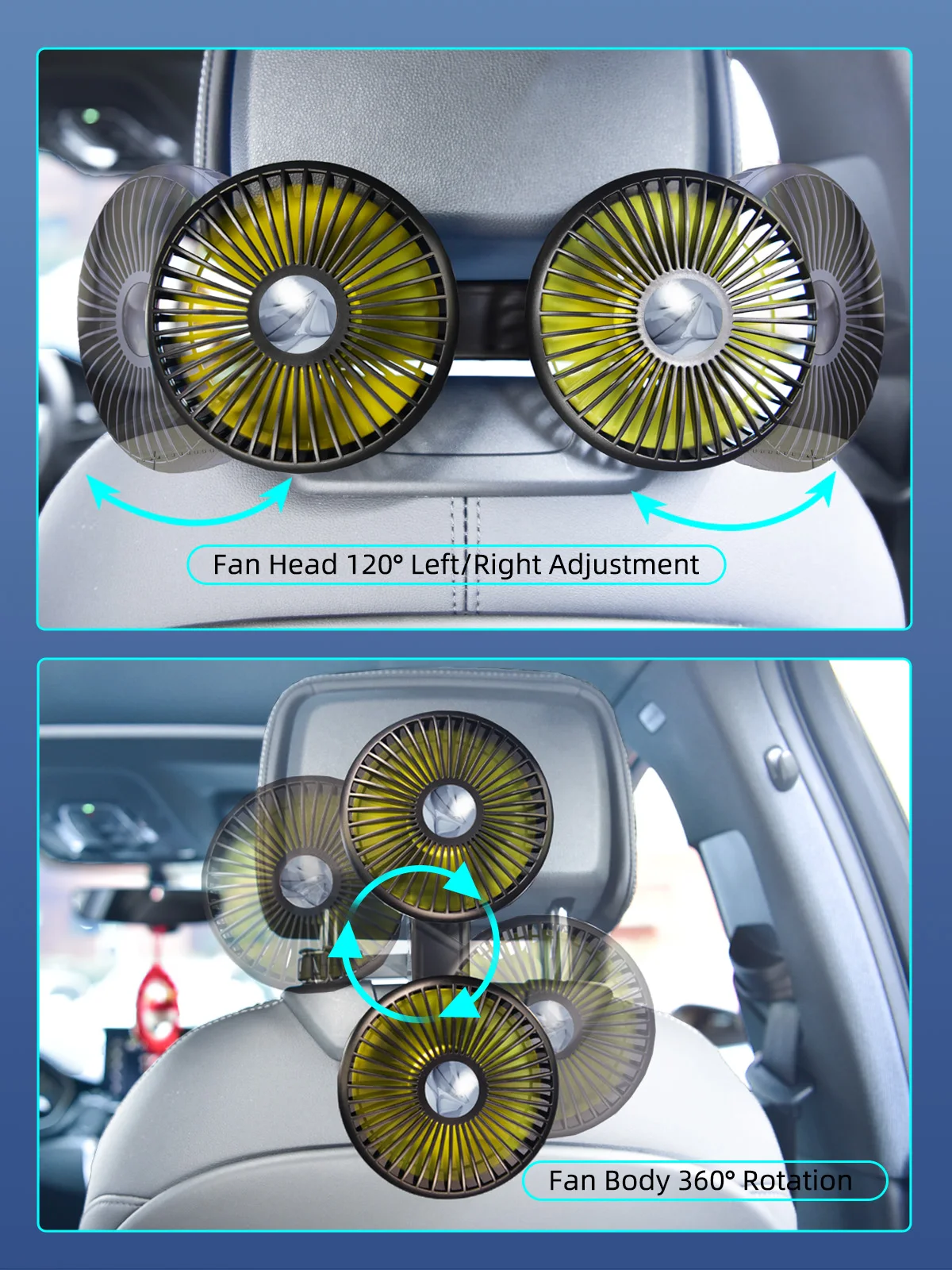 Eary Car Rear Seat Fan Headrest Backseat Dual Head Fan 2000mAh Battery 3 Speed Air Cooling Fans for kids Summer Car Accessories thumbnail 2