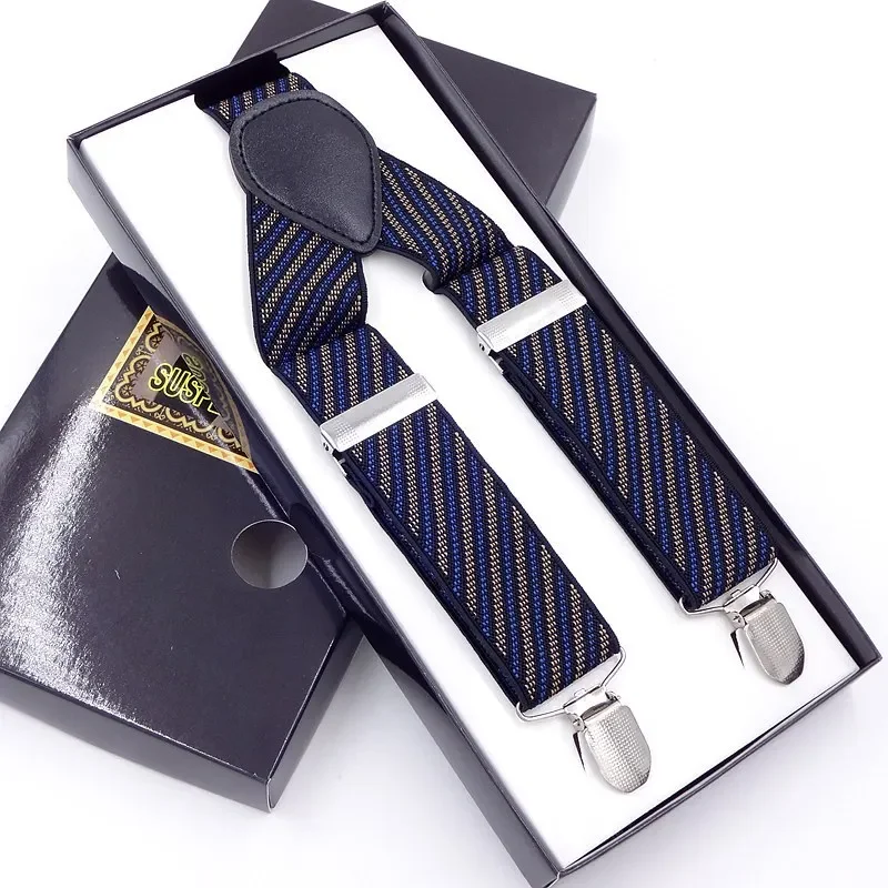 Men's Three Clip 3.5 Embroidered Suspenders 3.5*115cm Multi-Color Printed Weave Belt Buckle-Free Fashionable Trouser Suspenders