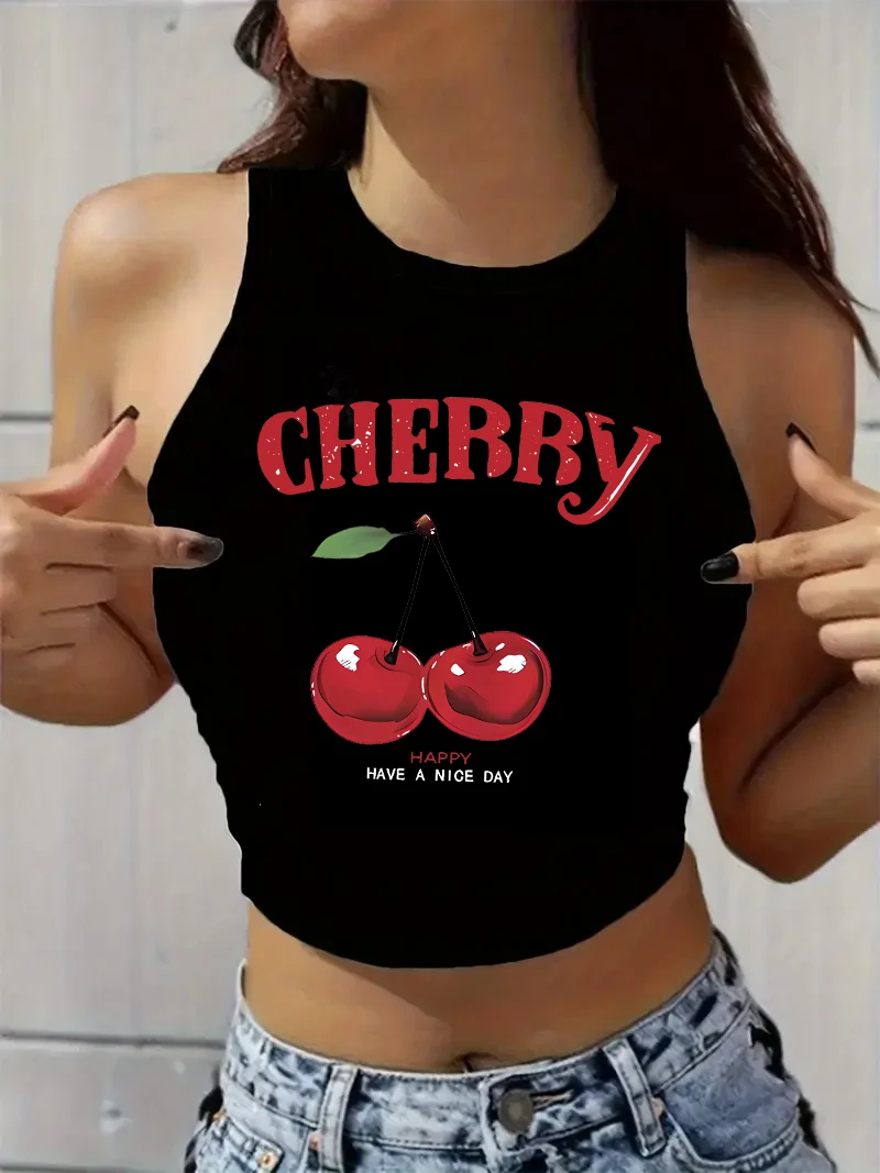 Vintage Happy Cherry Printed Crop Top Vest Women's Print Tank Top Round Neck Sleeveless Shirt Cropped T-shirt Sexy thumbnail 2