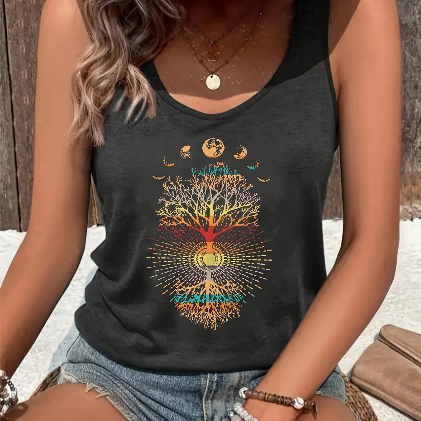 printed Summer women's loose and personalized dream catcher mesh printed vest top T-shirt comfortable sleeveless thumbnail 2