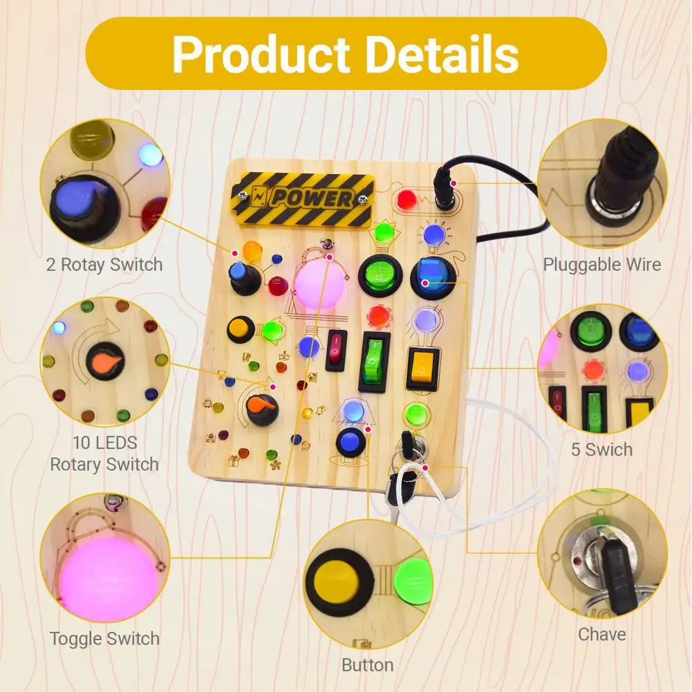 LED Light Switch Busy Board Toddler Light-up Switch Control Wooden Board Fine Motor Skills Kids Activity Game Board Toy Gift thumbnail 4