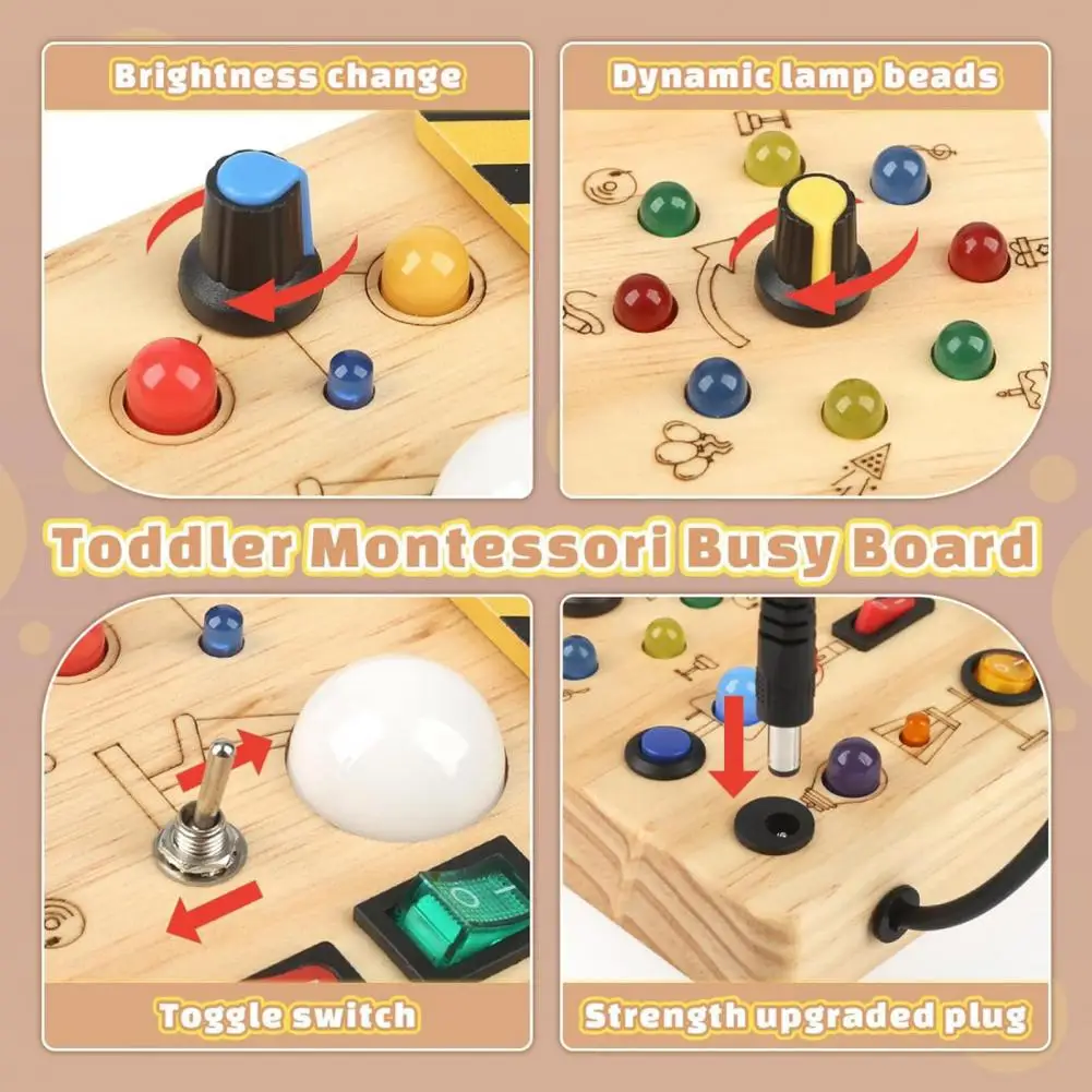 LED Light Switch Busy Board Toddler Light-up Switch Control Wooden Board Fine Motor Skills Kids Activity Game Board Toy Gift thumbnail 5