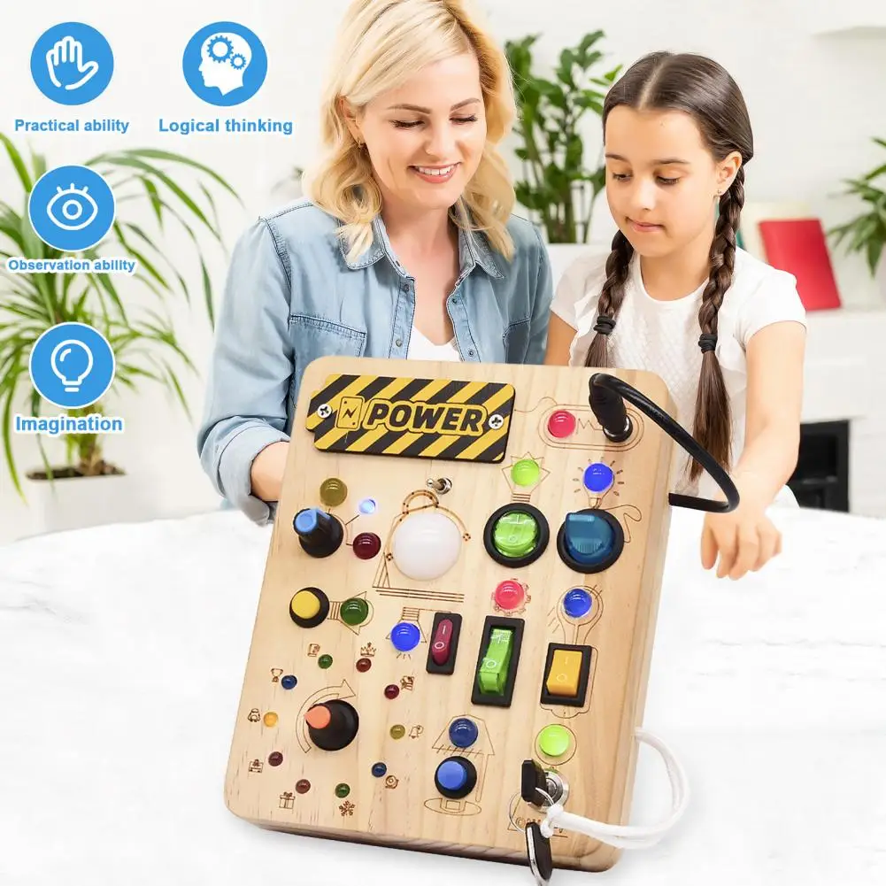 LED Light Switch Busy Board Toddler Light-up Switch Control Wooden Board Fine Motor Skills Kids Activity Game Board Toy Gift thumbnail 3