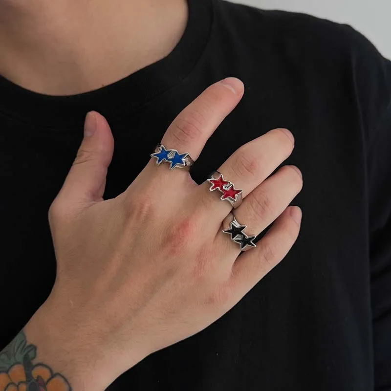 Vintage Black Drip Oil Pentagram Star Open Rings for Women Men Hip Hop Rock Metal Star Adjustable Couple Rings Jewelry thumbnail 3