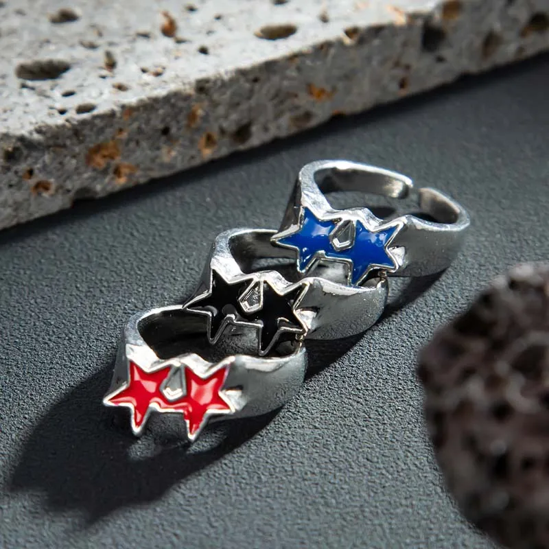 Vintage Black Drip Oil Pentagram Star Open Rings for Women Men Hip Hop Rock Metal Star Adjustable Couple Rings Jewelry thumbnail 5