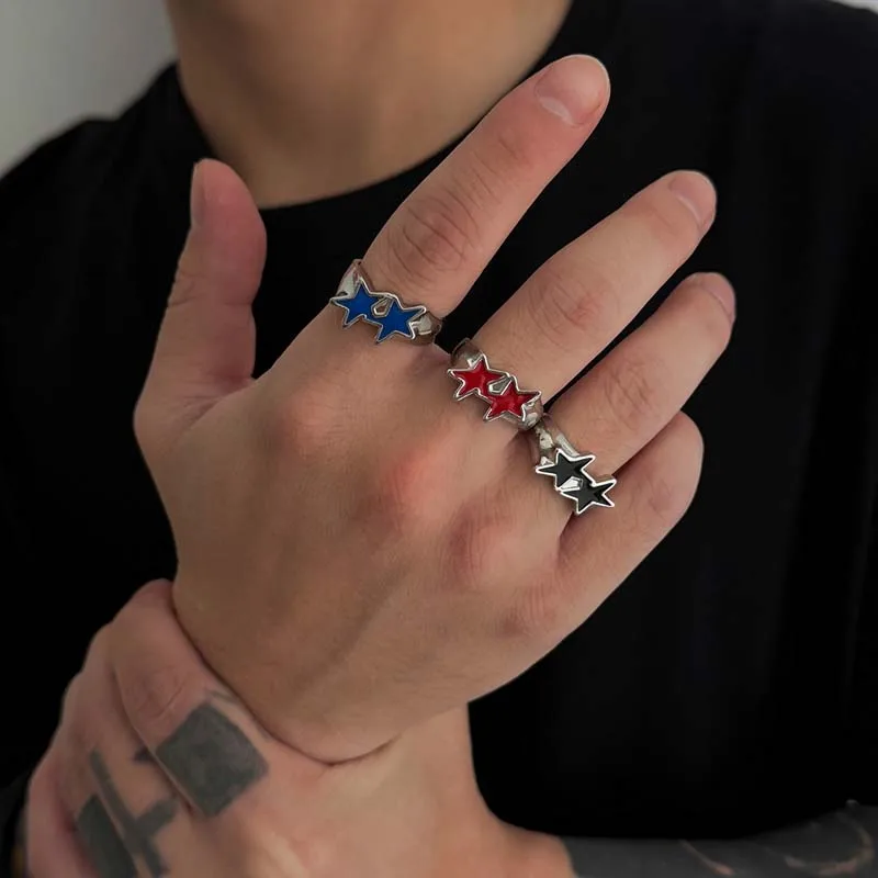 Vintage Black Drip Oil Pentagram Star Open Rings for Women Men Hip Hop Rock Metal Star Adjustable Couple Rings Jewelry thumbnail 2