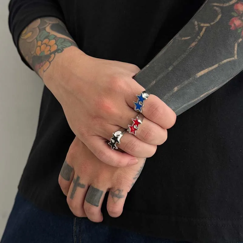 Vintage Black Drip Oil Pentagram Star Open Rings for Women Men Hip Hop Rock Metal Star Adjustable Couple Rings Jewelry thumbnail 4