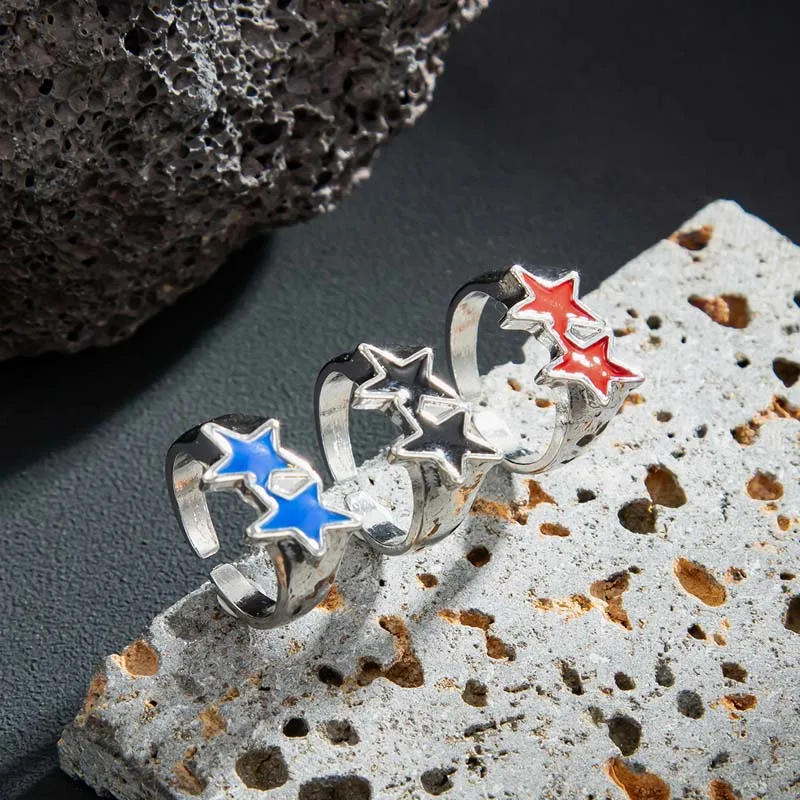 Vintage Black Drip Oil Pentagram Star Open Rings for Women Men Hip Hop Rock Metal Star Adjustable Couple Rings Jewelry thumbnail 6