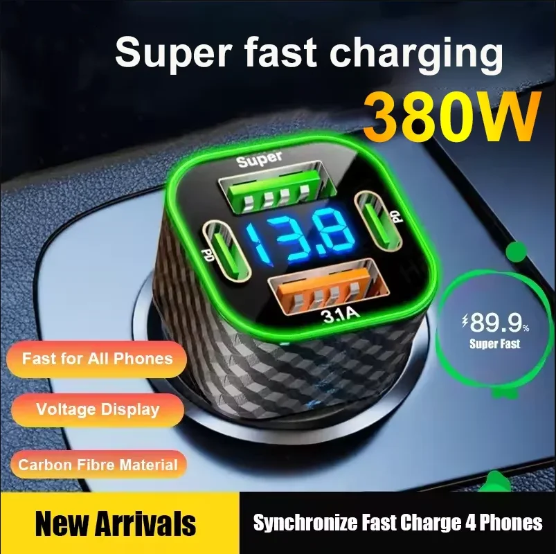 380W USB C Car Phone Charger Dual PD 4 in 1 with Voltage Display Super Fast Charge Adapter for iPhone Oppo Vivo Samsung