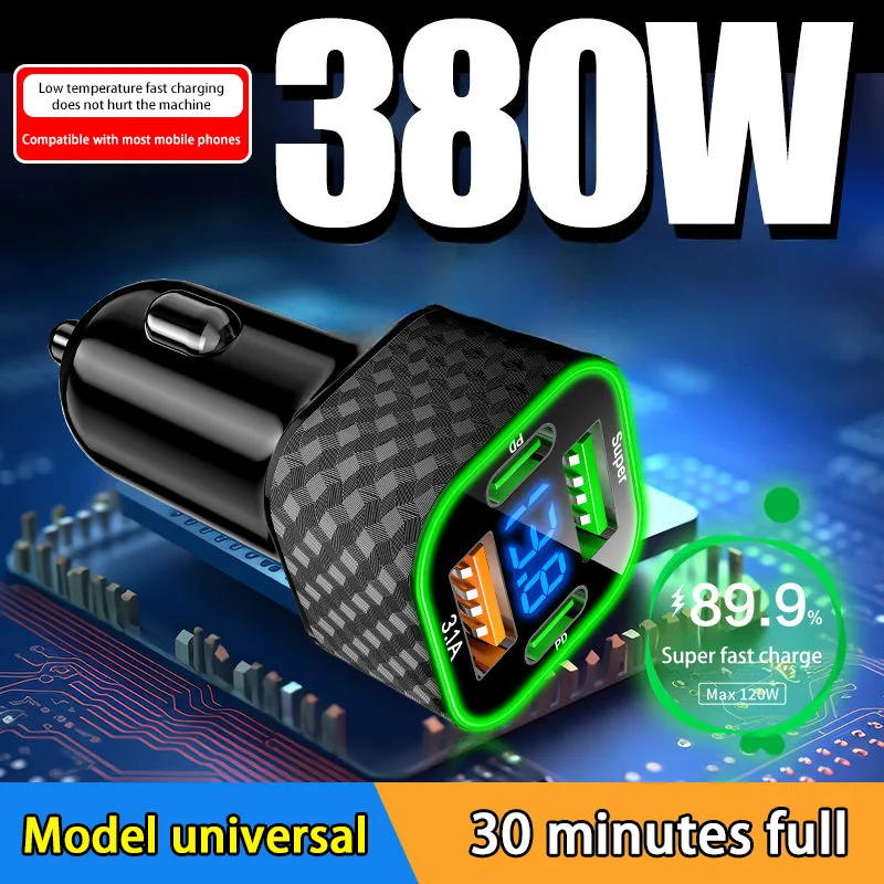 380W USB C Car Phone Charger Dual PD 4 in 1 with Voltage Display Super Fast Charge Adapter for iPhone Oppo Vivo Samsung thumbnail 2