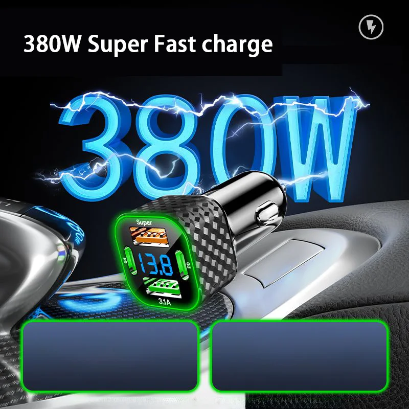 380W USB C Car Phone Charger Dual PD 4 in 1 with Voltage Display Super Fast Charge Adapter for iPhone Oppo Vivo Samsung thumbnail 6