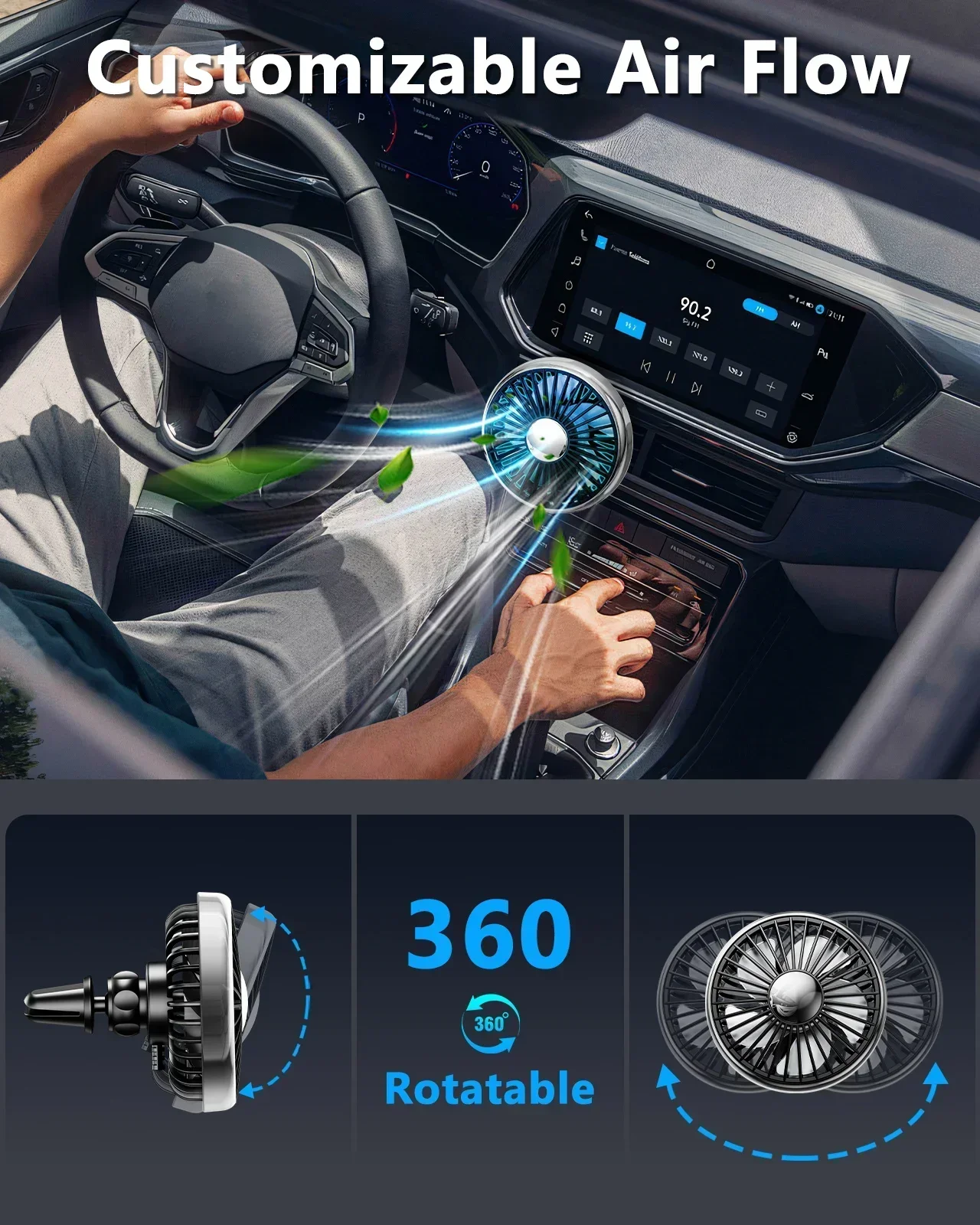 Eary Car Fan Mount For Front Rear Air Vent With 360 Rotatable Air Circulation Fan 3 Wind Speeds Strong Airflow Car Electronic thumbnail 4