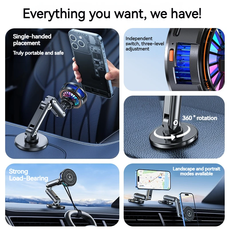 Universal Metal Car Magnetic Semiconductor Cooling Phone Holder RGB Light 3 Level Adjustable for iPhone 16 15 14 13 12 Samsung thumbnail 6