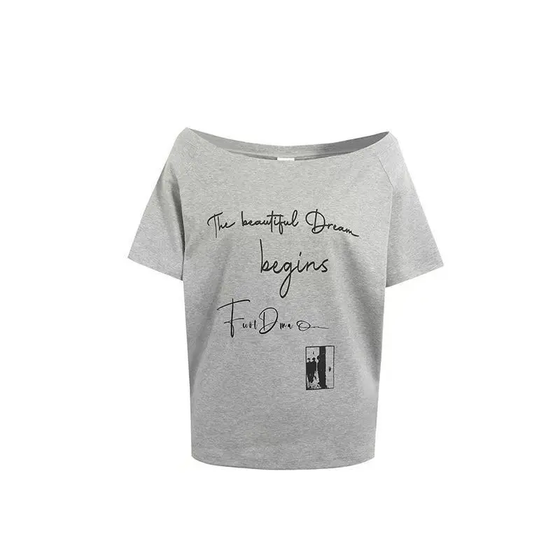 Lazy Style Short Sleeve Letter Printing Tops New Summer Loose Off Shoulder Korean Youth T Shirts Fashion Casual Women Clothing