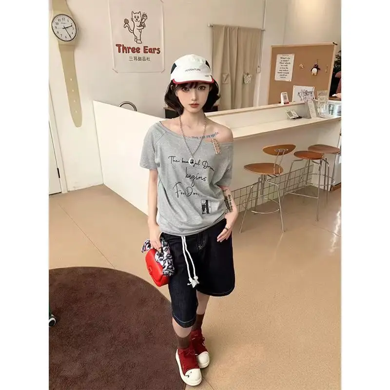 Lazy Style Short Sleeve Letter Printing Tops New Summer Loose Off Shoulder Korean Youth T Shirts Fashion Casual Women Clothing thumbnail 4