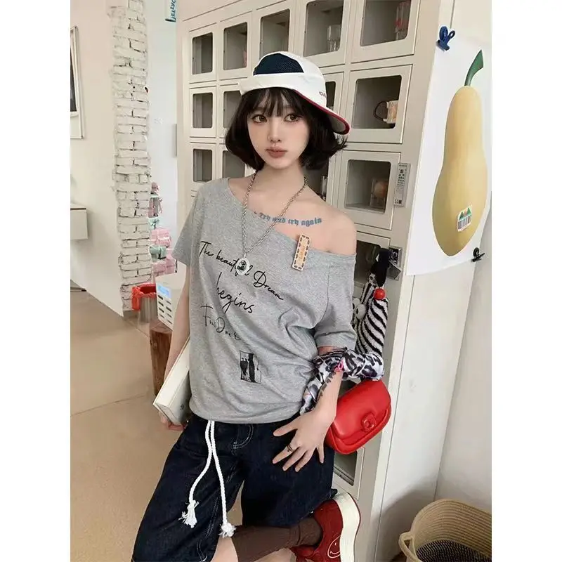 Lazy Style Short Sleeve Letter Printing Tops New Summer Loose Off Shoulder Korean Youth T Shirts Fashion Casual Women Clothing thumbnail 6