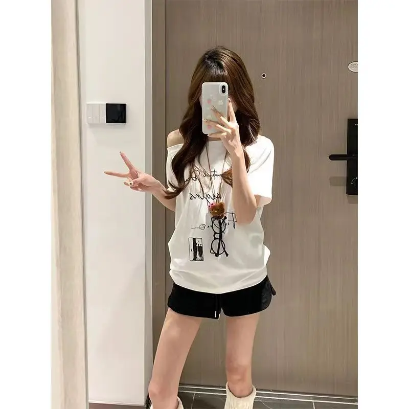 Lazy Style Short Sleeve Letter Printing Tops New Summer Loose Off Shoulder Korean Youth T Shirts Fashion Casual Women Clothing thumbnail 3