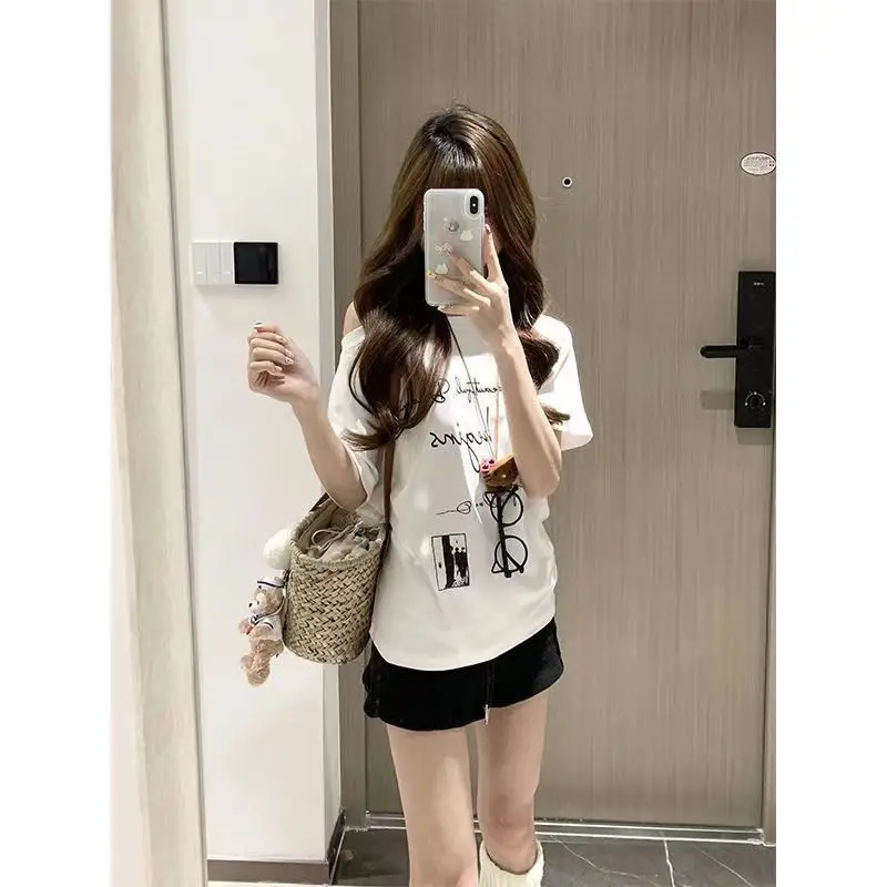 Lazy Style Short Sleeve Letter Printing Tops New Summer Loose Off Shoulder Korean Youth T Shirts Fashion Casual Women Clothing thumbnail 5