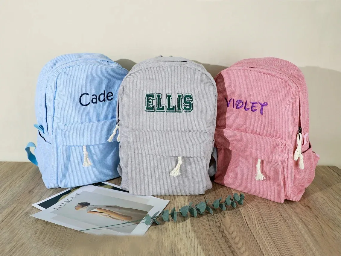 Kids School Bag Personalized Toddler Backpack Embroidered Name Child Corduroy Backpack Birthday Gift Laptop Bag Back to School thumbnail 3