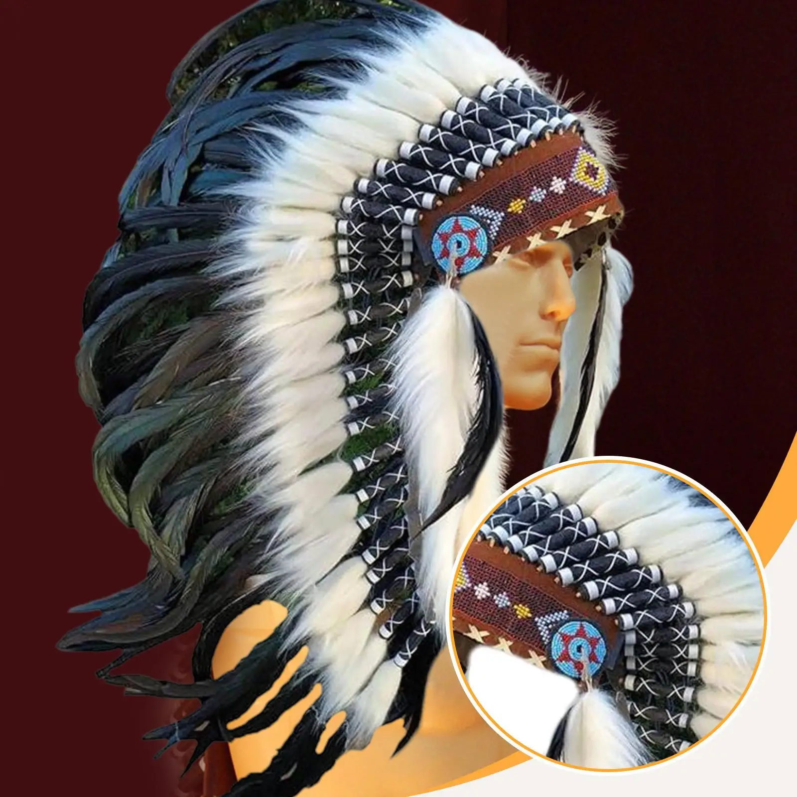 Feather Headdress Decoration Adults Carnival Native American Chief Headwear Indian Headdress for Carnival Performance Festival thumbnail 5