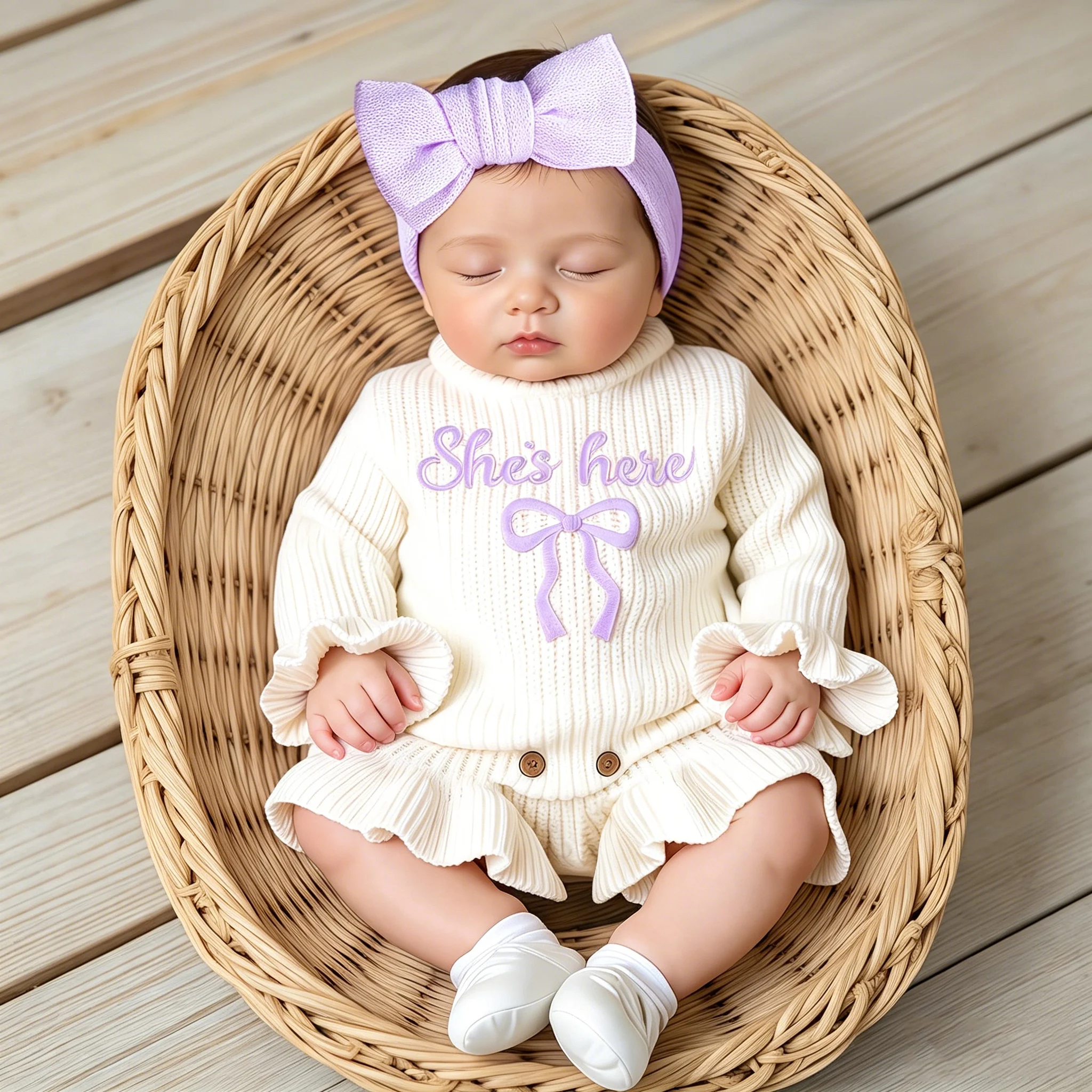 2Pcs Set Knitted Newborn Photography Outfits with Bow Headband Bow Embroidery Baby Girl Ruffle Romper Infant Knitting Sweater thumbnail 4
