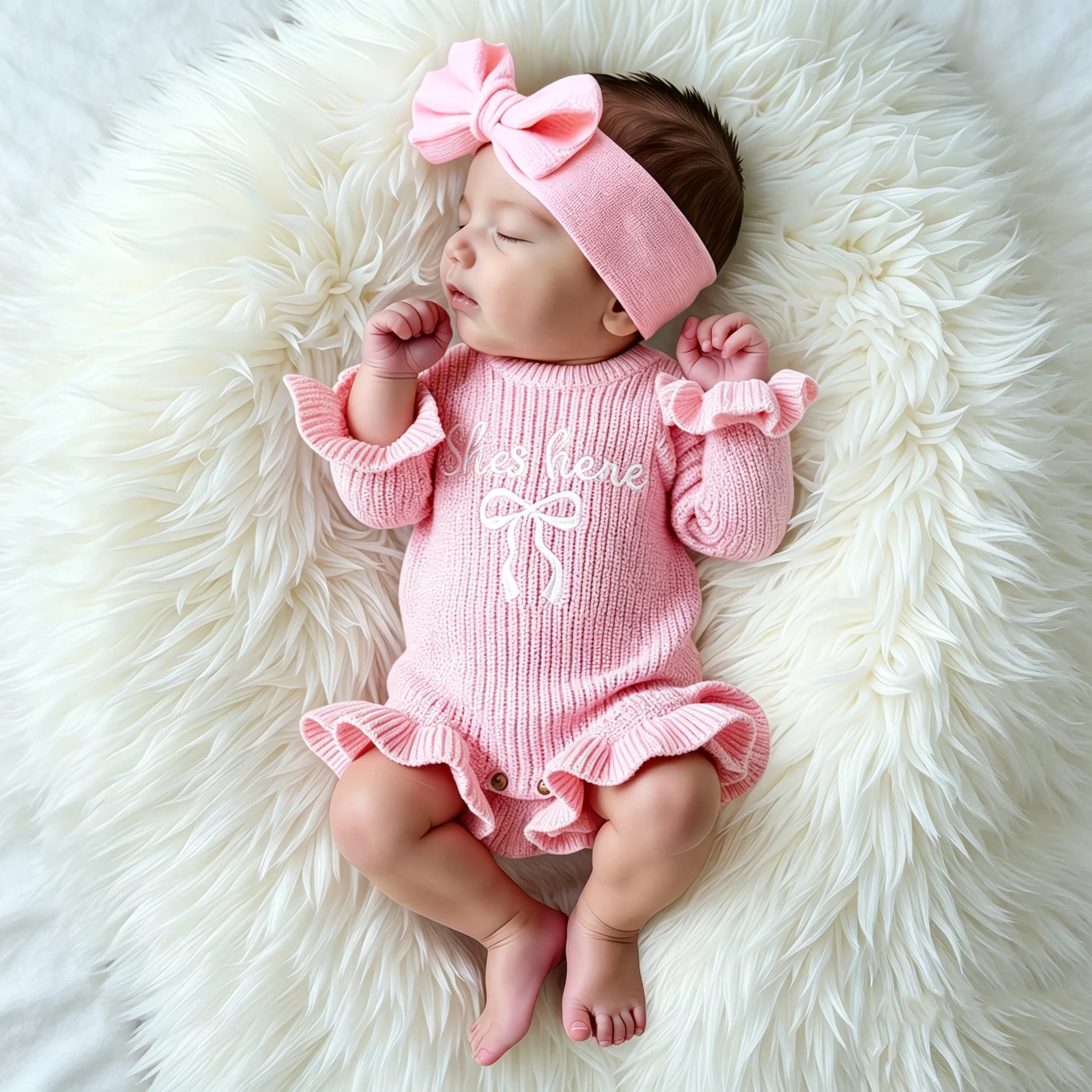 2Pcs Set Knitted Newborn Photography Outfits with Bow Headband Bow Embroidery Baby Girl Ruffle Romper Infant Knitting Sweater thumbnail 5