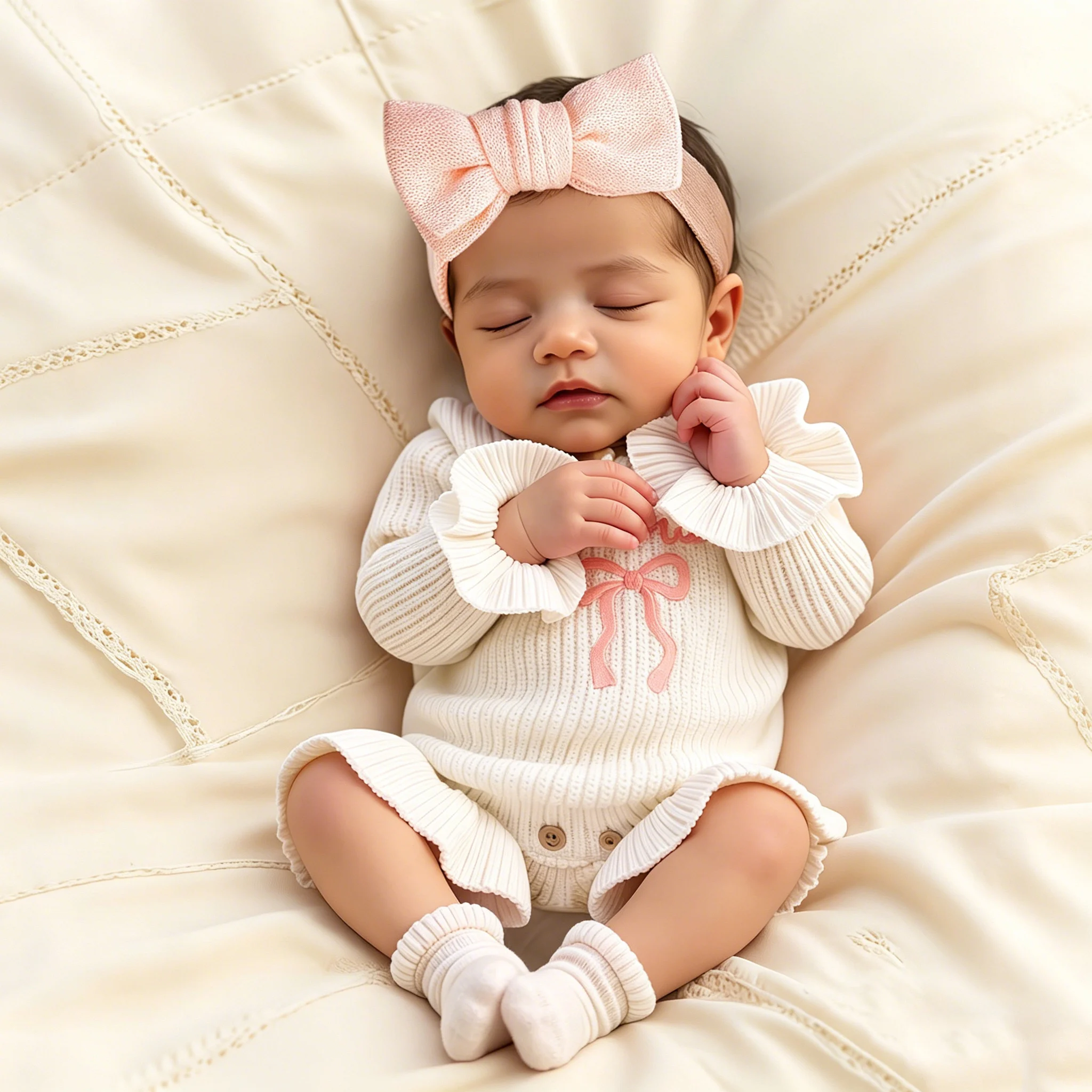 2Pcs Set Knitted Newborn Photography Outfits with Bow Headband Bow Embroidery Baby Girl Ruffle Romper Infant Knitting Sweater thumbnail 2