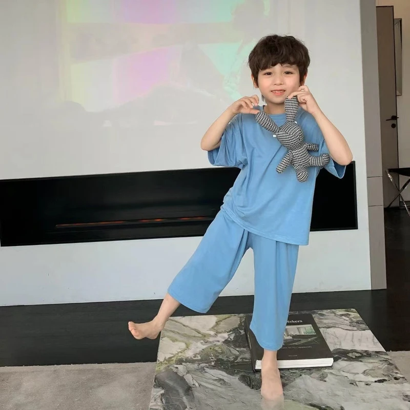 1-6 Years Solid Color Baby Clothes Set Summer Modal Newborn Baby Boys Girls Clothes 2PCS Baby Pajamas Unisex Kids Clothing Sets thumbnail 2