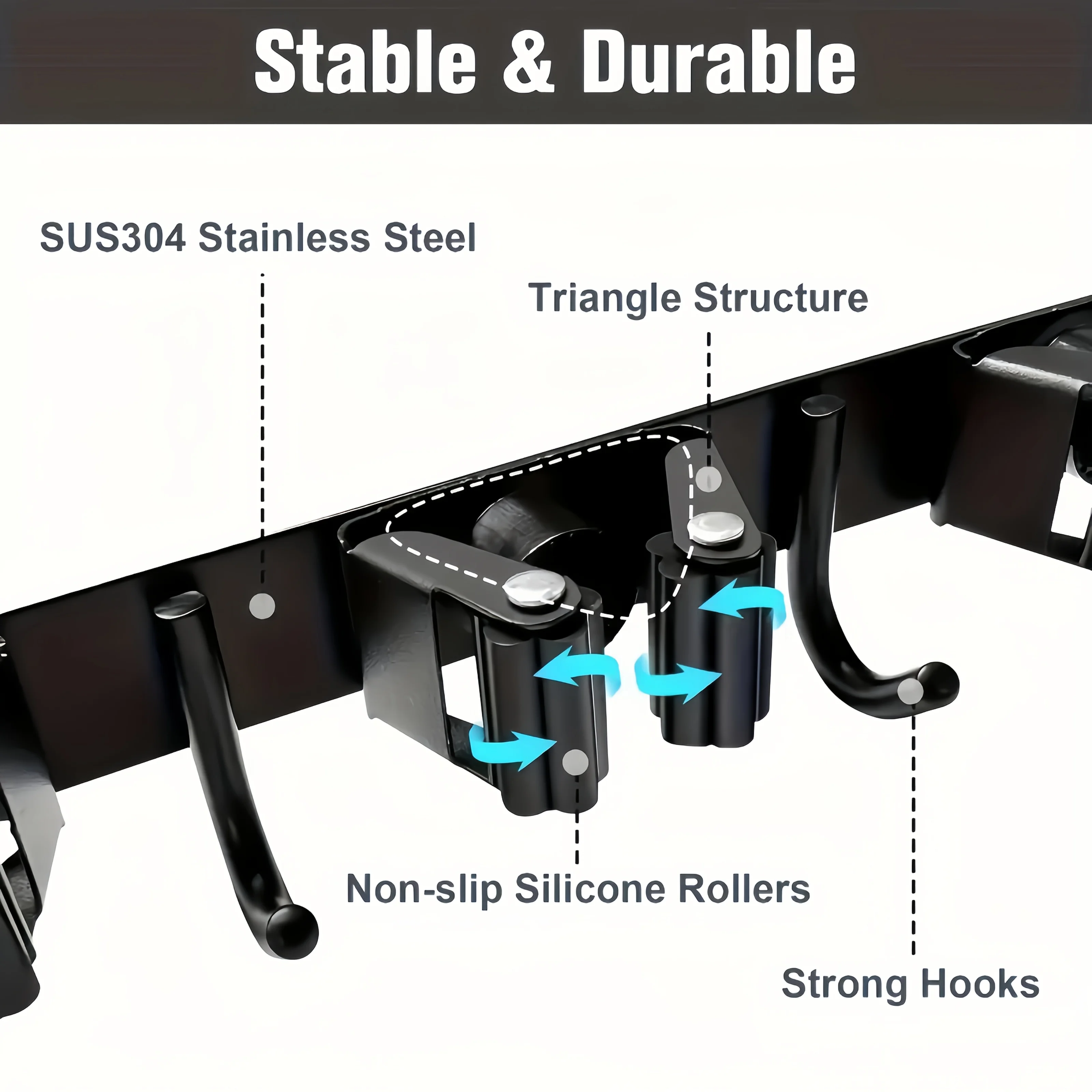 1 Heavy-Duty Metal Tool Rack with 4 Slots and 5 Hooks - Wall-Mounted Storage for Garden Tools, Brooms, Mops, and Garage Equipment, Tool Rack Storage, Black thumbnail 3