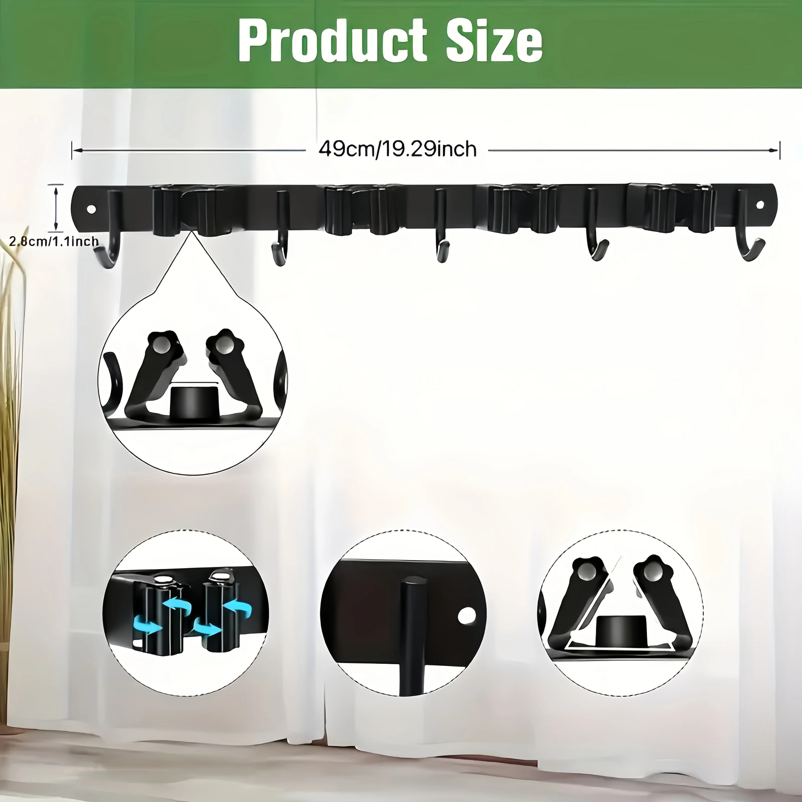 1 Heavy-Duty Metal Tool Rack with 4 Slots and 5 Hooks - Wall-Mounted Storage for Garden Tools, Brooms, Mops, and Garage Equipment, Tool Rack Storage, Black thumbnail 4