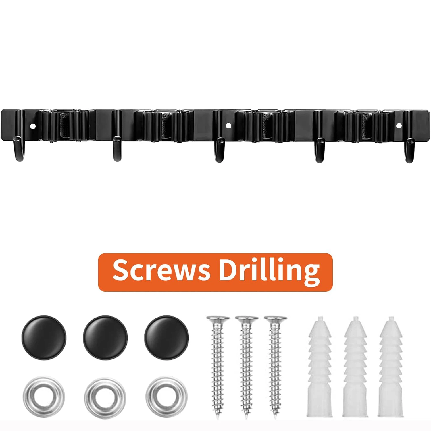 1 Heavy-Duty Metal Tool Rack with 4 Slots and 5 Hooks - Wall-Mounted Storage for Garden Tools, Brooms, Mops, and Garage Equipment, Tool Rack Storage, Black thumbnail 2