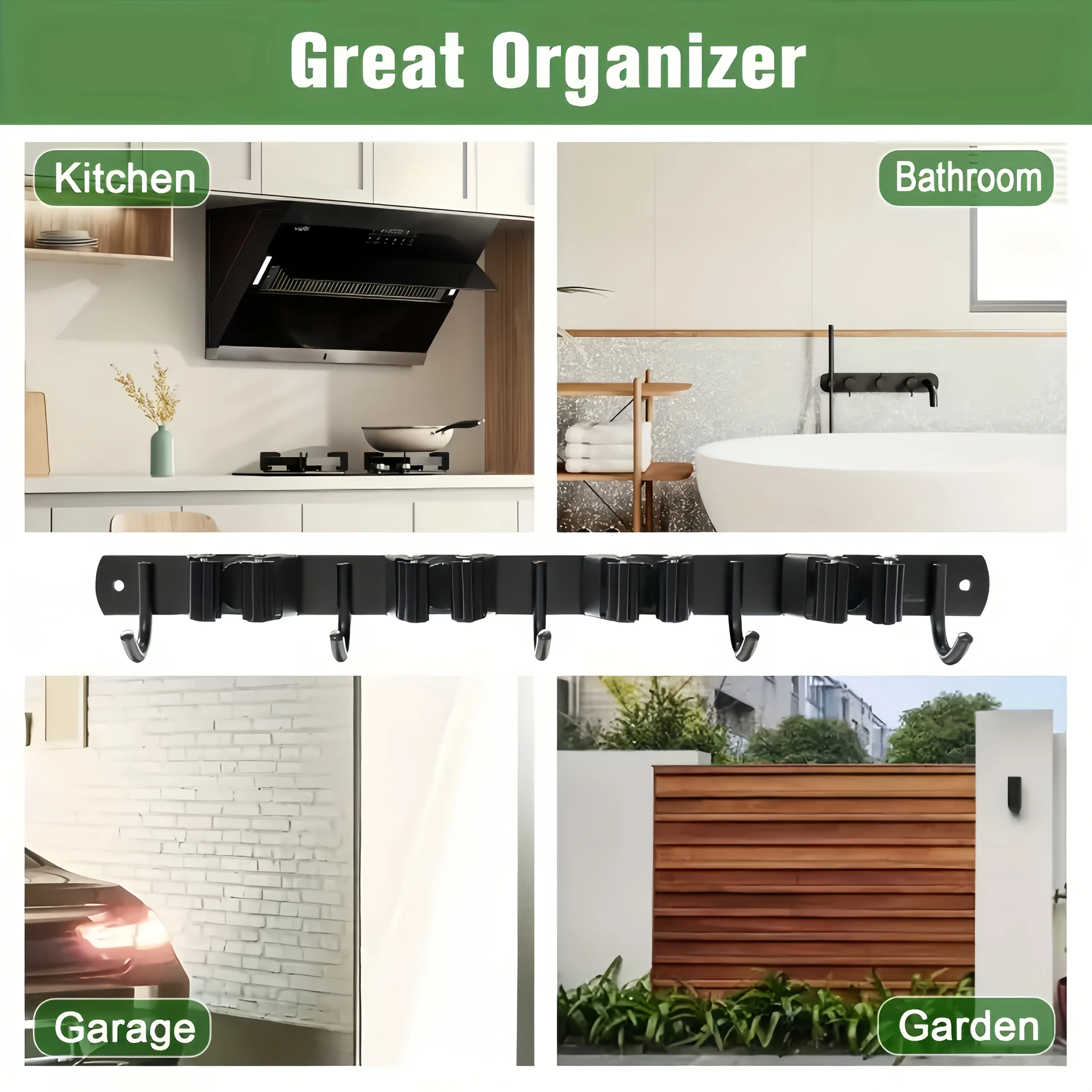 1 Heavy-Duty Metal Tool Rack with 4 Slots and 5 Hooks - Wall-Mounted Storage for Garden Tools, Brooms, Mops, and Garage Equipment, Tool Rack Storage, Black thumbnail 5
