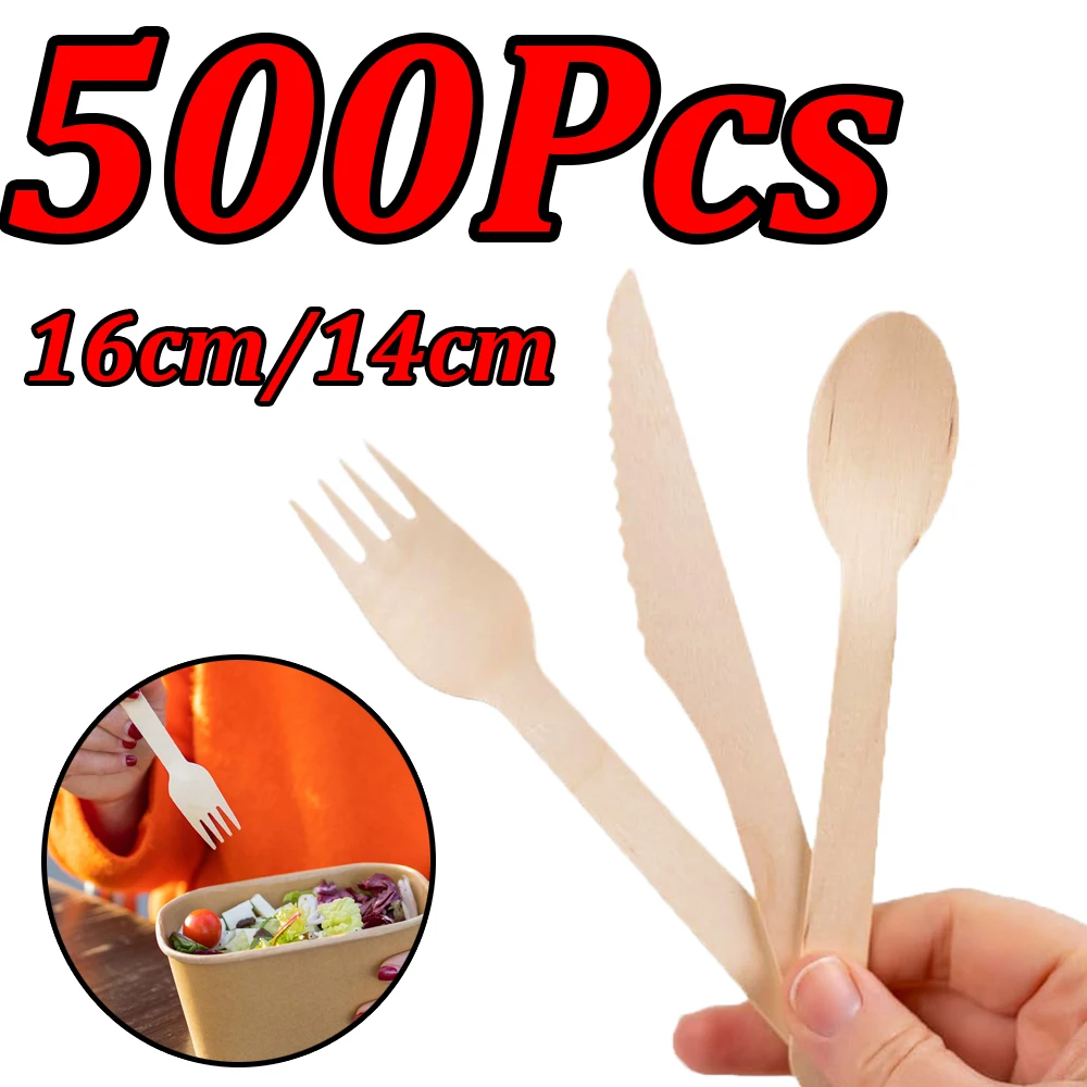 50-500Pcs Disposable Wooden Spoon Fork Knife Cutlery Set 16cm/14cm Wooden Tableware for Fruit Picnic Wedding Party Dessert Cake