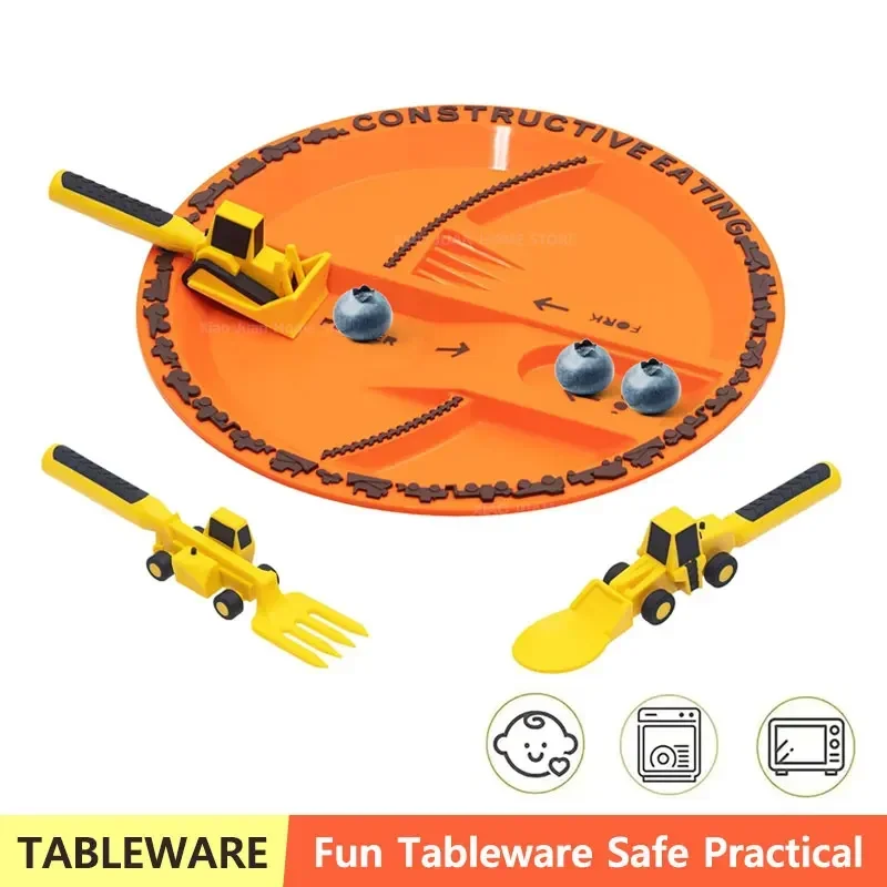Festival Kids Tableware Car Bulldozer Excavator Shovel Plate Fork Spoon Dinnerware Set Children Tableware Kitchen Gadget BPAFree
