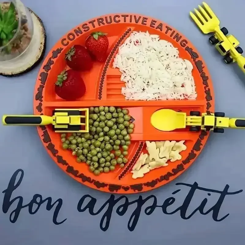 Festival Kids Tableware Car Bulldozer Excavator Shovel Plate Fork Spoon Dinnerware Set Children Tableware Kitchen Gadget BPAFree thumbnail 3