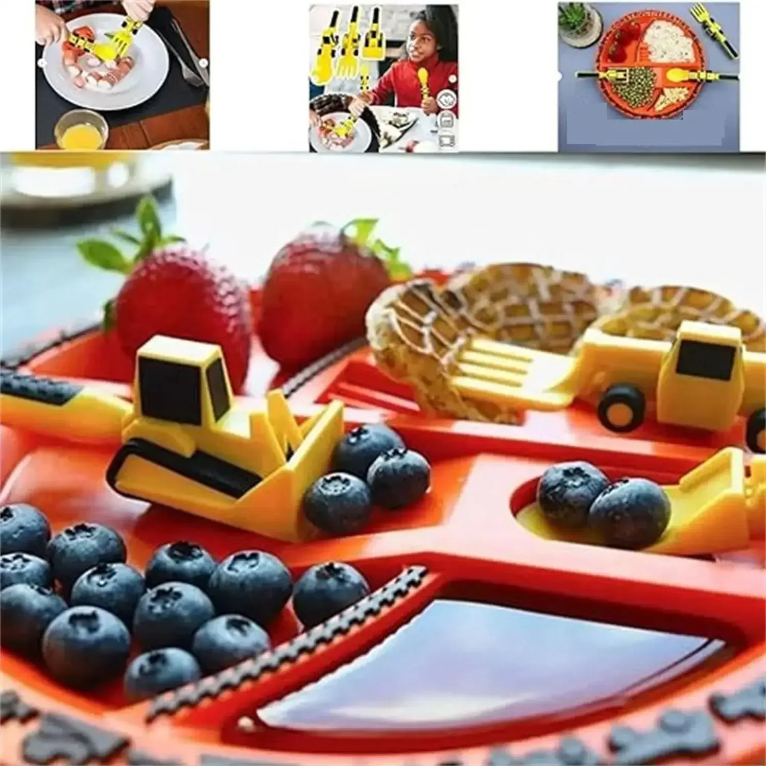 Festival Kids Tableware Car Bulldozer Excavator Shovel Plate Fork Spoon Dinnerware Set Children Tableware Kitchen Gadget BPAFree thumbnail 5