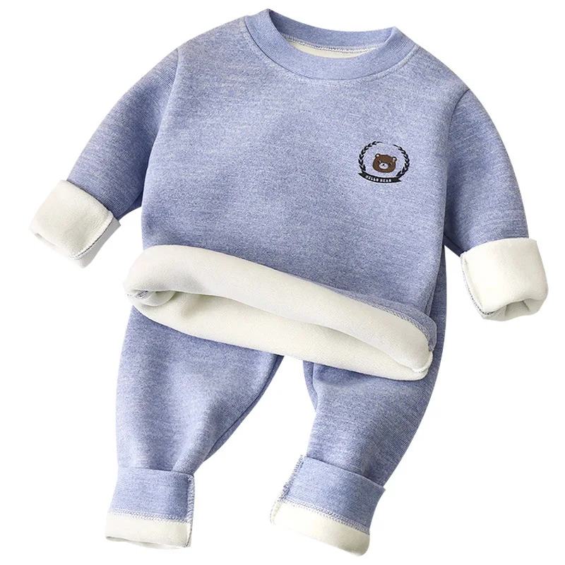 New Children's Warm Underwear Set Boys and Girls Winter Cartoon Plus Velvet Thick Round Neck Sleepwear 2PCS Set thumbnail 5