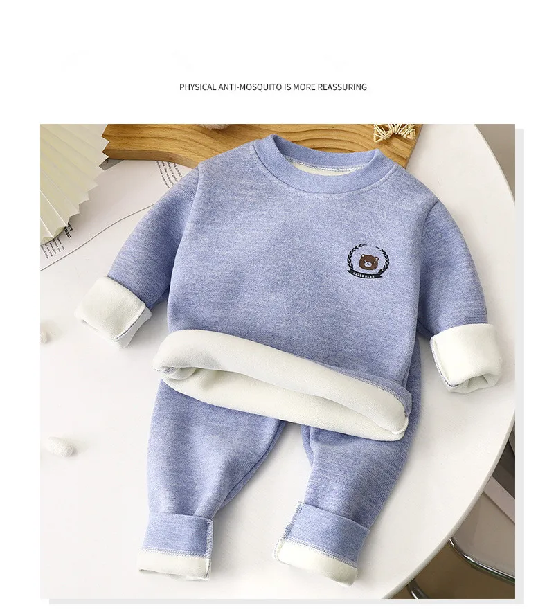 New Children's Warm Underwear Set Boys and Girls Winter Cartoon Plus Velvet Thick Round Neck Sleepwear 2PCS Set thumbnail 6