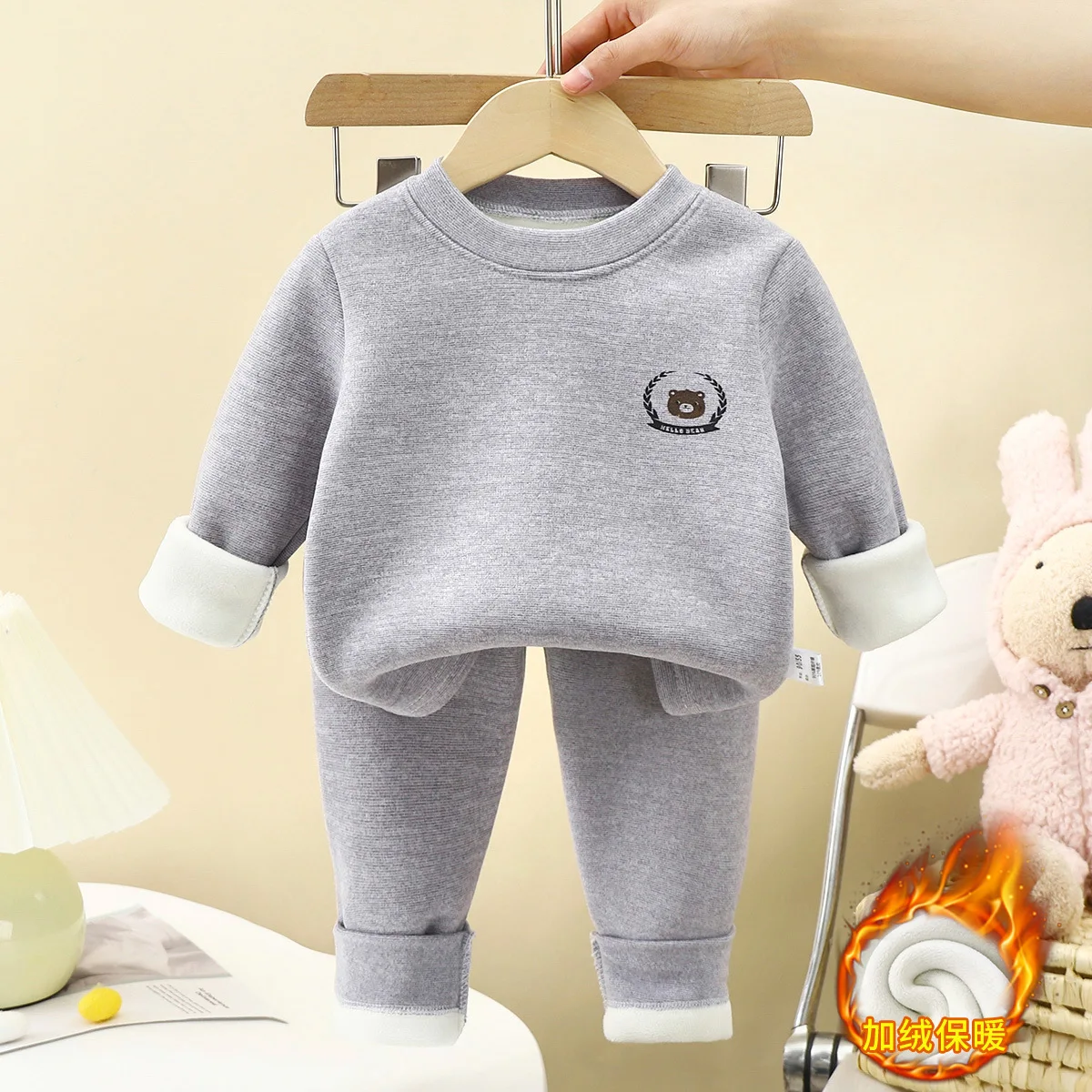 New Children's Warm Underwear Set Boys and Girls Winter Cartoon Plus Velvet Thick Round Neck Sleepwear 2PCS Set thumbnail 2
