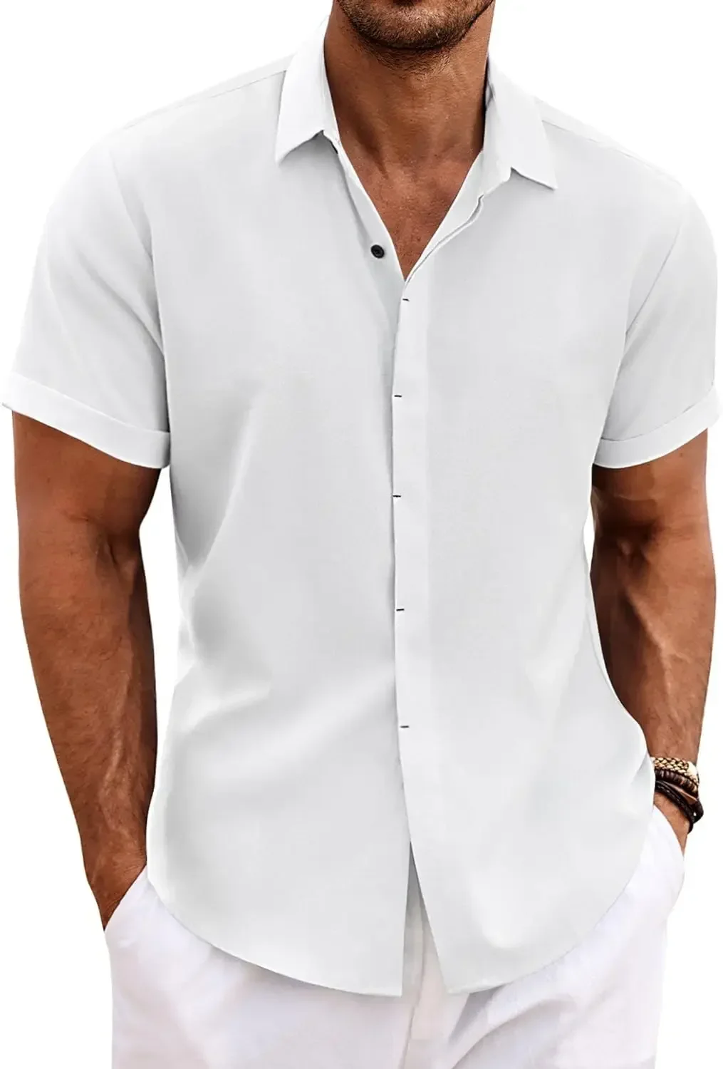 Men's Fashion Casual Solid Color Shirt Pullover Button Linen Cotton Comfortable Daily Top Short Sleeve Shirt Beach Summer Shirt thumbnail 6